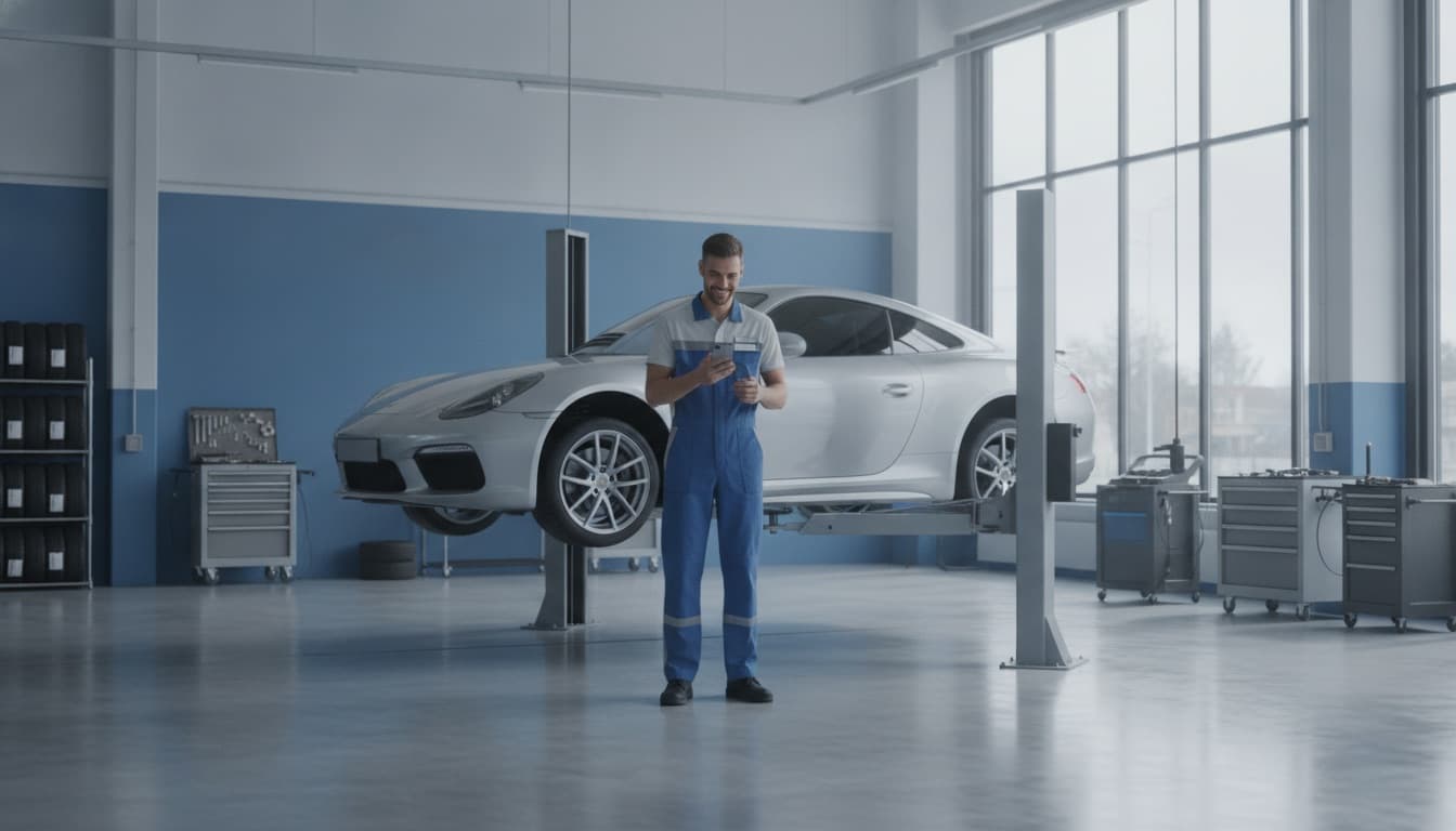 Чат-бот для автосервиса Syntera24 Механик автосервиса с телефоном отвечает клиенту в чате рядом с машиной на подъёмнике