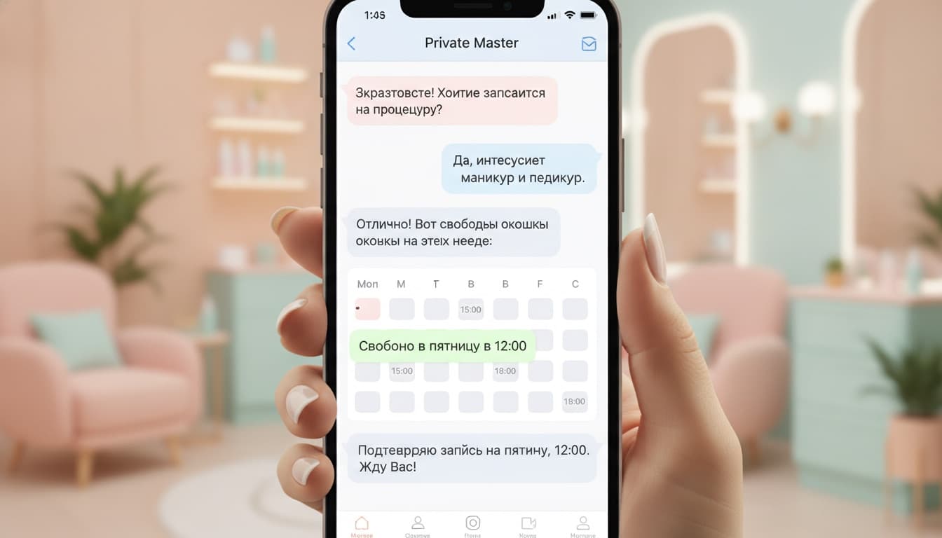 Запись к бьюти-мастеру через чат-бота Syntera24 Чат-бот Syntera24 подбирает время и записывает клиента к бьюти-мастеру в мессенджере