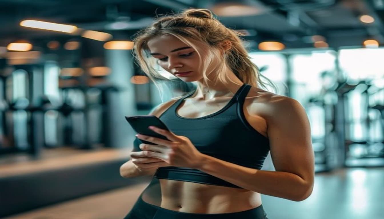 CRM для фитнес-клуба Syntera24 Девушка в спортивной форме переписывается с чат-ботом фитнес-клуба в мессенджере на смартфоне в зале