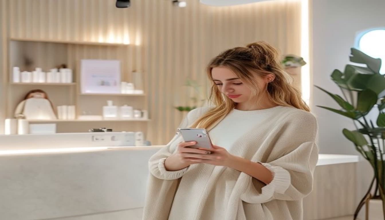 CRM для косметолога Syntera24 — база клиентов и запись в переписке Клиентка косметолога переписывается с чат-ботом в мессенджере на смартфоне в светлом косметологическом кабинете