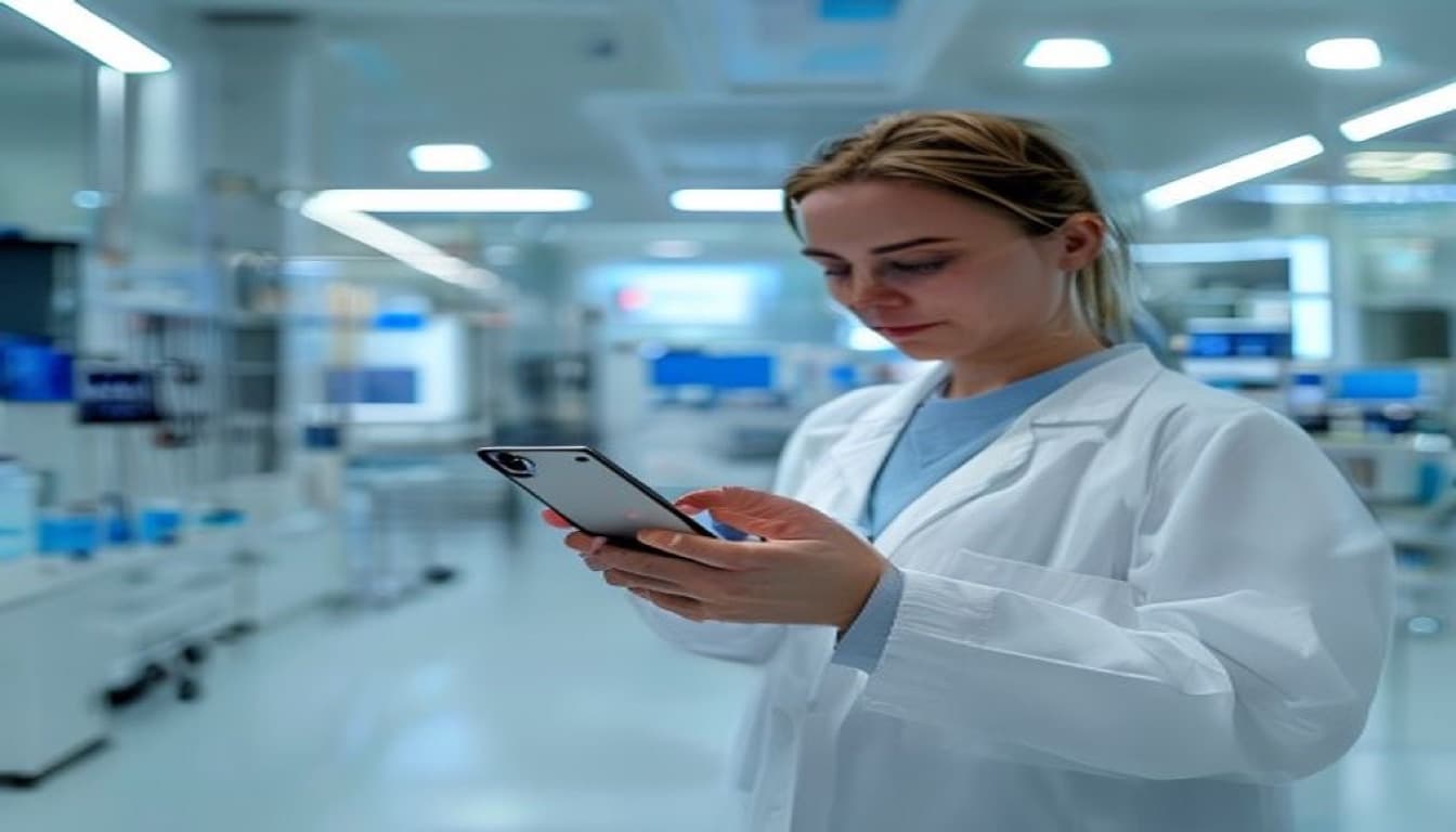 Автоматизация лаборатории Syntera24 Сотрудница лаборатории со смартфоном обрабатывает заявку на анализы в современной клинической лаборатории