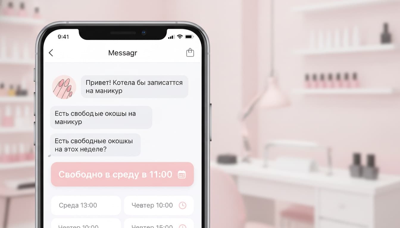Запись на маникюр через чат-бота Syntera24 Чат-бот Syntera24 подбирает время и записывает клиента на маникюр в мессенджере