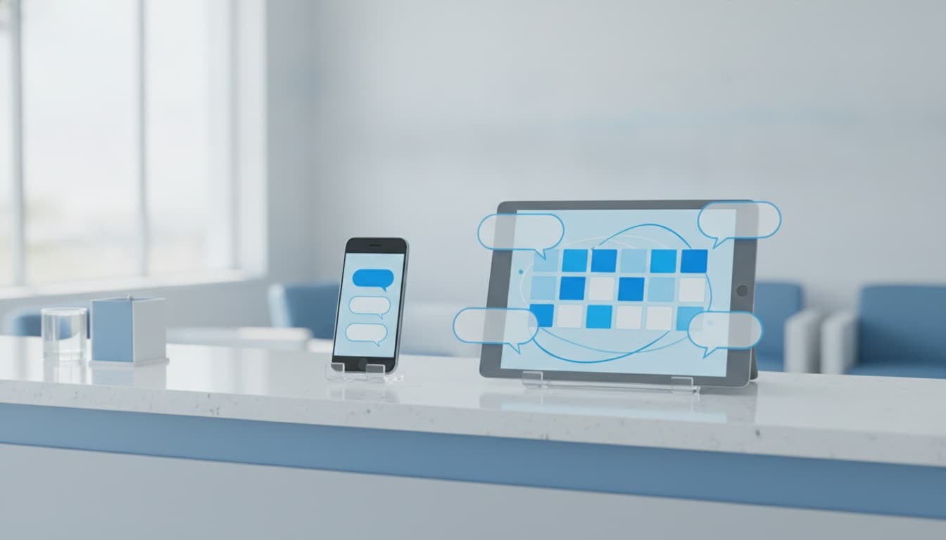 Как Syntera24 передаёт заявки медцентра в CRM и расписание Смартфон и планшет с абстрактной перепиской и календарём записи пациентов медцентра