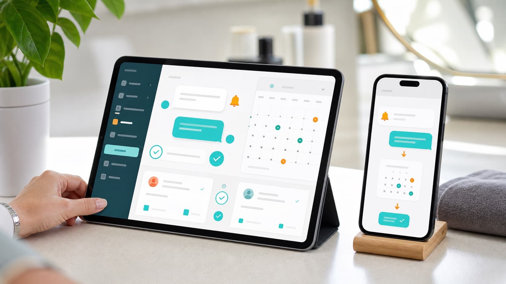 Как работает сценарий напоминаний Syntera24 Планшет и смартфон с абстрактным сценарием напоминания о записи, подтверждения и переноса