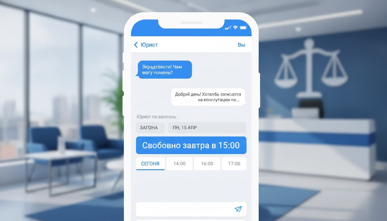 Запись на консультацию юриста через чат-бота Syntera24 Чат-бот Syntera24 подбирает время и записывает клиента на юридическую консультацию