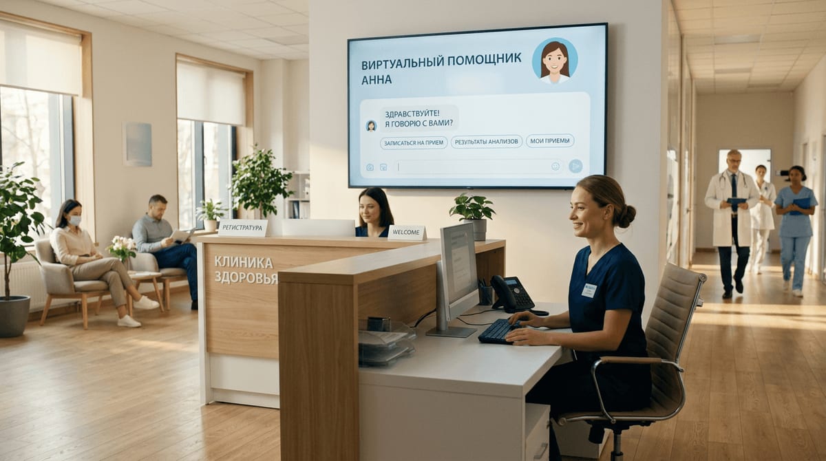 Современная клиника с ИИ-администратором на экране ресепшена