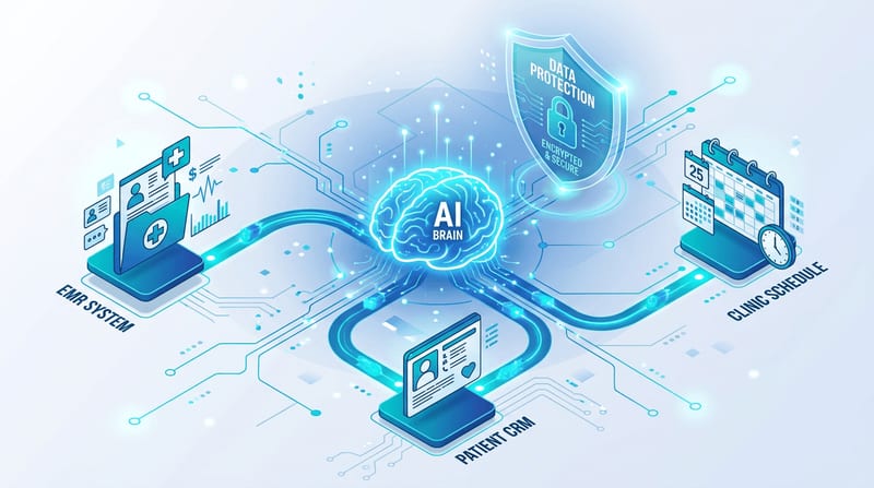 Схема интеграции ИИ-администратора с МИС клиники, защита данных