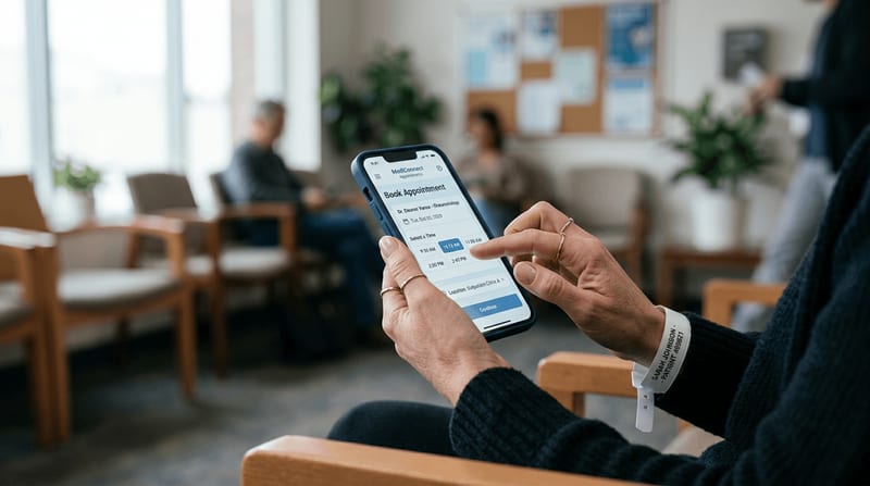 Пациент записывается в клинику через смартфон, интерфейс онлайн-записи
