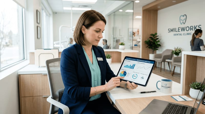 Администратор стоматологии работает с аналитической панелью