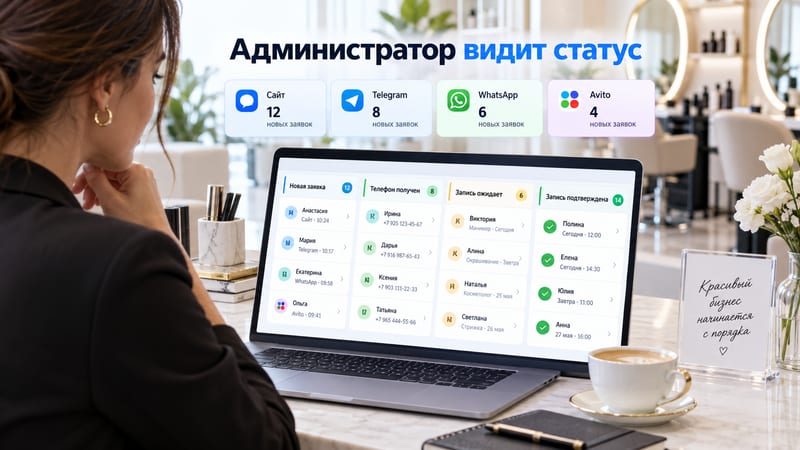 Администратор салона видит статус заявок из сайта, Telegram, WhatsApp и Авито