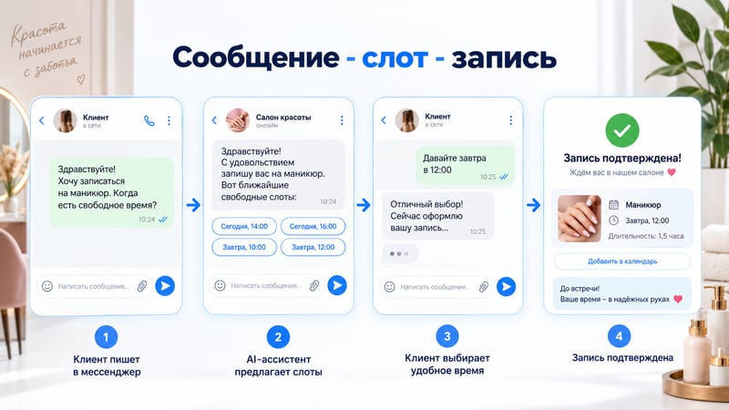 Схема записи клиента: сообщение, слот, подтвержденная запись